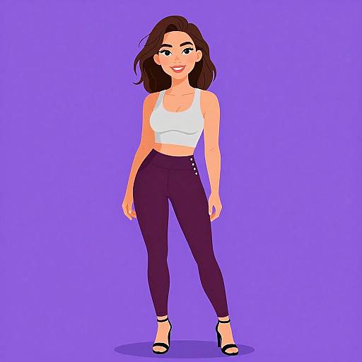Digital illustration of a smiling woman with brown hair, wearing a white crop top, black high-waisted pants, and black heels, standing against a