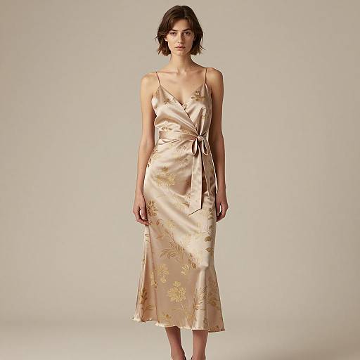 Woman in Beige Satin Dress with Floral Pattern