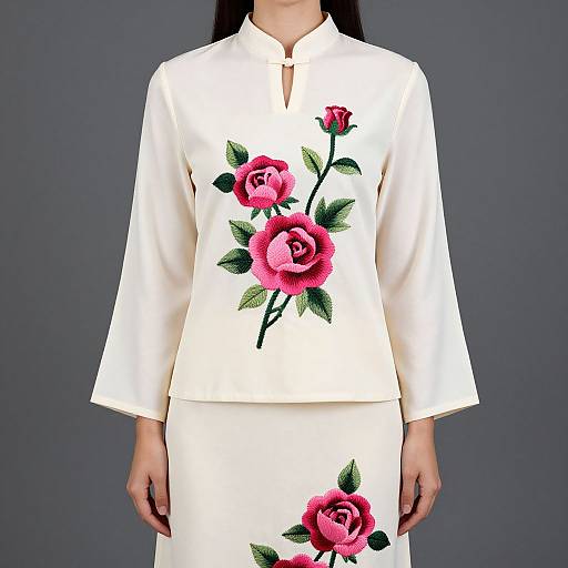 Photograph of a woman wearing a white, long-sleeved, floral-embroidered blouse and skirt, with pink roses and green leaves,