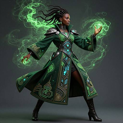 Photograph of a dark-skinned woman with braided hair, wearing a green, ornately patterned robe, conjuring glowing green smoke with her