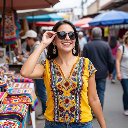 Photograph of a smiling woman with long black hair, wearing black sunglasses, a yellow embroidered blouse, and blue jeans, standing in a colorful outdoor market