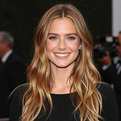 Photograph of smiling blonde woman with long wavy hair, wearing black top, against dark background, with blurred people in the distance.