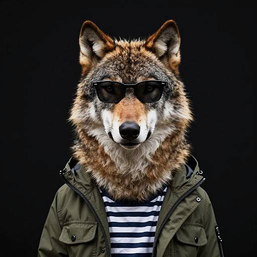 Photograph of a realistic wolf head with brown fur, wearing black sunglasses, a green military-style jacket, and a striped shirt, against a black background
