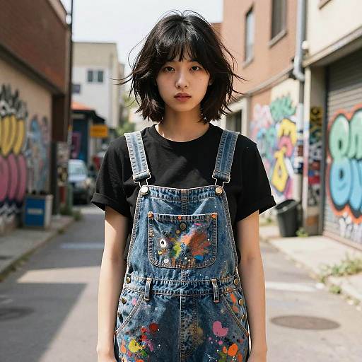 Asian woman with black bob haircut, wearing black t-shirt and blue denim overalls with colorful paint splatters, standing in a graffiti-covered urban alleyway