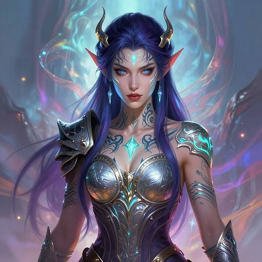 Digital fantasy artwork of a blue-haired, demonic female warrior with glowing blue eyes, horns, and intricate armor, set against a vibrant, cosmic background.