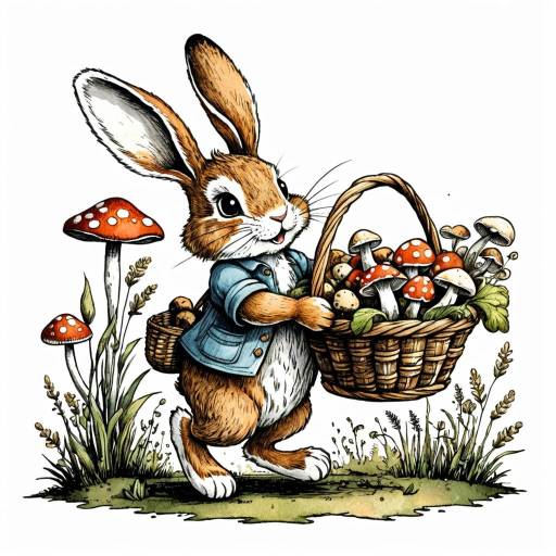 Whimsical Rabbit with Basket of Mushrooms Illustration