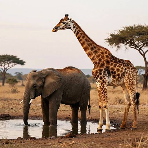 Photograph of a tall giraffe standing beside a large elephant at a waterhole in a savanna, with acacia trees in the background.