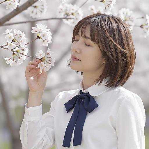Asian Woman Enjoying Cherry Blossoms