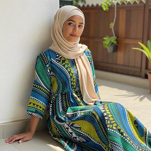 Young Woman in Vibrant Hijab Dress