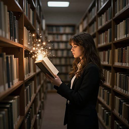 Photograph of a young woman with long brown hair, wearing a black blazer, holding a book and sparking it with magic, standing in a dim