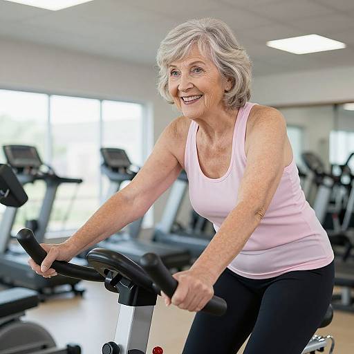Photograph of an elderly woman with short gray hair, smiling, wearing a pink tank top and black pants, cycling in a bright, modern gym.