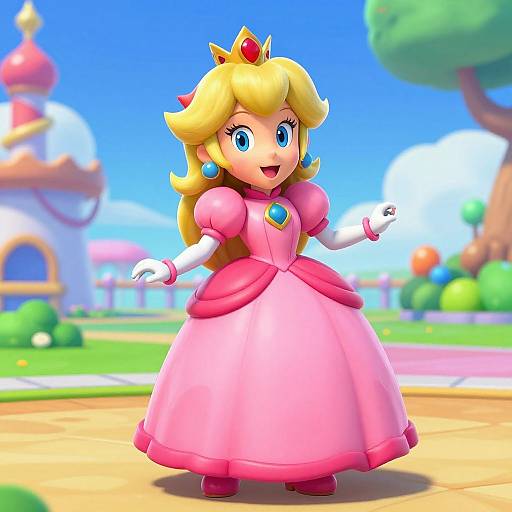 Digital CGI of Princess Peach from Mario series, with blonde hair, blue eyes, pink dress, white gloves, red crown, smiling, in bright,