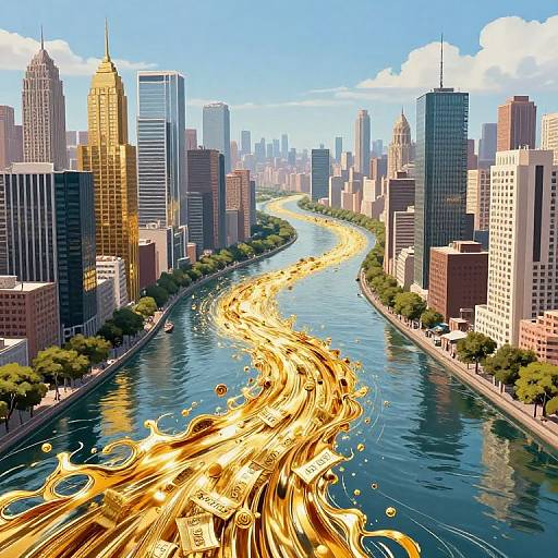 Digital art of a sunburst effect flowing down a city river, surrounded by tall skyscrapers under a clear blue sky.