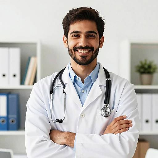 Photograph of a smiling, bearded male doctor with dark hair, wearing a white lab coat and black stethoscope, arms crossed, in a
