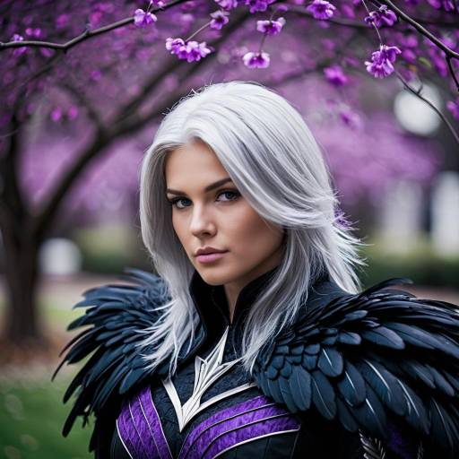 Cosplay Woman with Silver Hair and Black Feathered Costume
