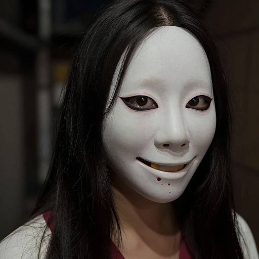 Photograph of an Asian woman with long black hair wearing a white, mask-like face with black eyeliner, yellow teeth, and small dark spots,