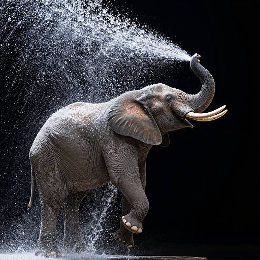 Photograph of a gray elephant with curved tusks spraying water from its trunk against a black background, creating a dynamic splash.