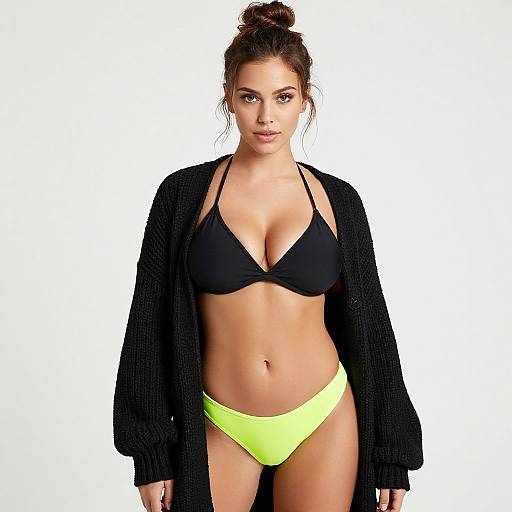 Photograph of a young woman with tan skin, dark brown hair in a bun, wearing a black bikini top, neon yellow bikini bottoms, and a