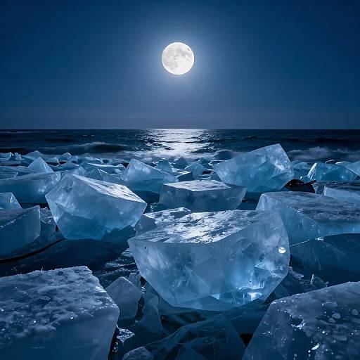 Photograph of a moonlit night ocean, with glowing blue ice chunks scattered across the dark, reflective water, under a bright full moon.