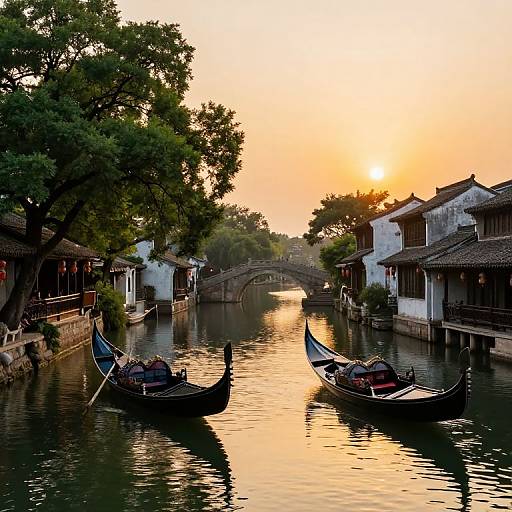 Photograph of serene canal at sunset, featuring traditional Chinese boats with passengers, arch bridge, and quaint houses with tile roofs.