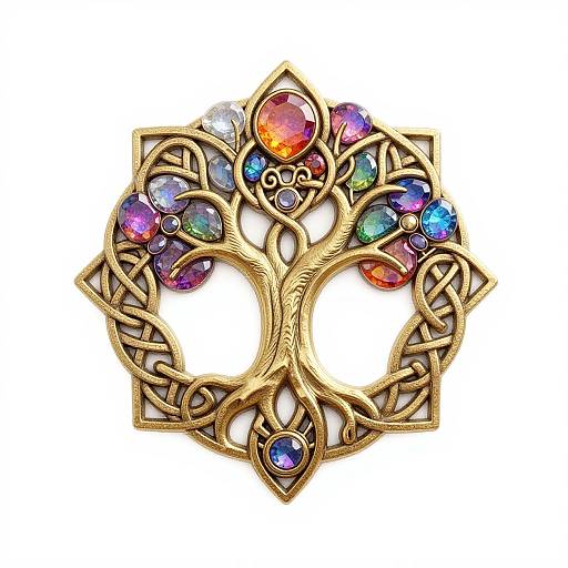 Ornate gold brooch with intricate Celtic design, featuring colorful opals and gemstones in red, orange, blue, and purple, set against