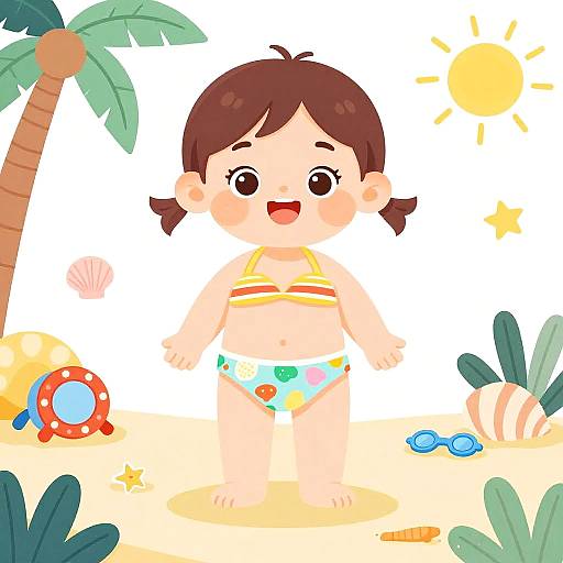 Cartoon-style drawing of a happy brown-haired girl in a yellow bikini and colorful swim bottom, standing on a sunny beach with palm trees, seash
