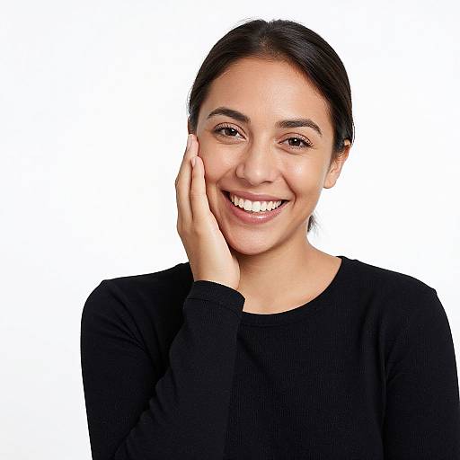 Smiling Woman in Black Ribbed Shirt