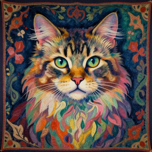Vibrant digital painting of a long-haired, green-eyed cat with multicolored fur and intricate floral background, creating a mesmerizing, surreal effect