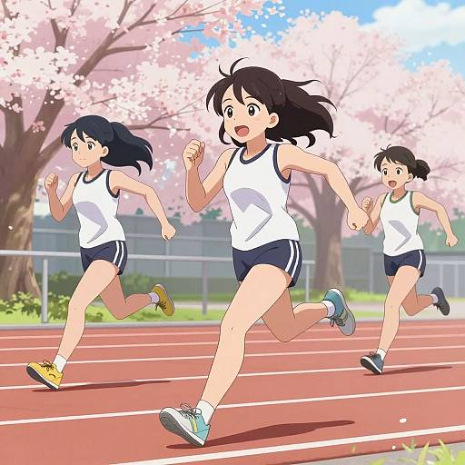 Anime-style digital illustration of three young girls in white tank tops and navy shorts running on a red track, with cherry blossom trees in the background.