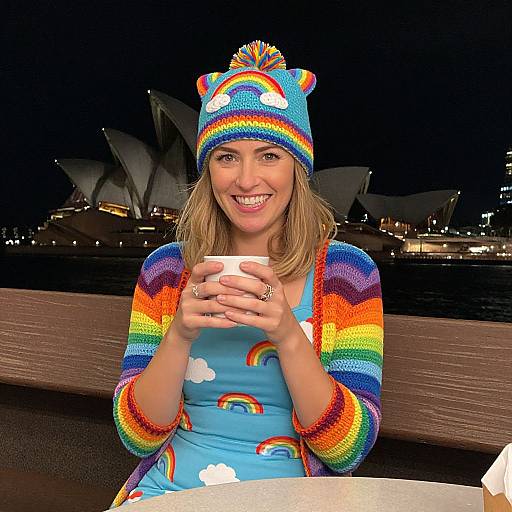 Photograph of a smiling woman with blonde hair, wearing a rainbow-striped hat and matching sweater, holding a white mug, against a nighttime Sydney Harbour Bridge