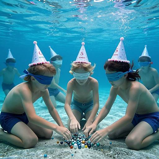 Underwater photograph of four shirtless children wearing party hats and blindfolds, kneeling on a sandy bottom, sorting colorful beads.