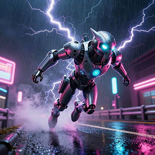 Cybernetic humanoid robot with glowing blue eyes and neon lights, leaping in a rainy, neon-lit urban street, surrounded by electric lightning