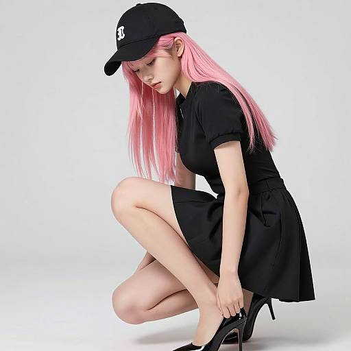 Digital CGI of a pale-skinned, pink-haired woman squatting, wearing a black cap, black short-sleeve shirt, black skirt, and