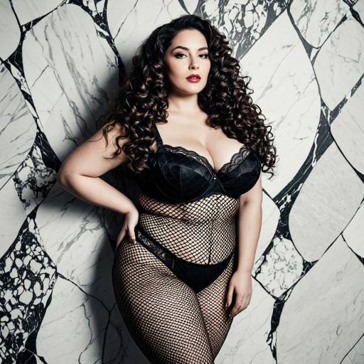 Full-Figured Model in Black Fishnet Lingerie