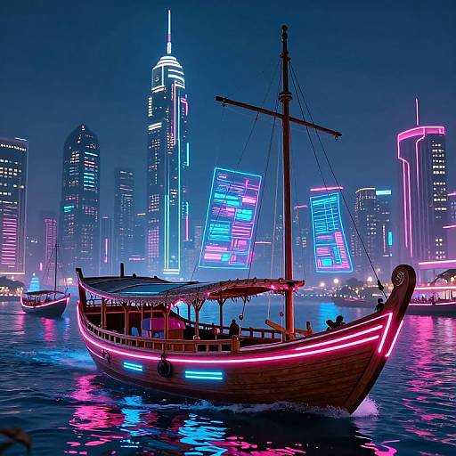 Neon-lit, futuristic cityscape with glowing skyscrapers and illuminated sailboat on reflective water at night, blending traditional and modern elements.