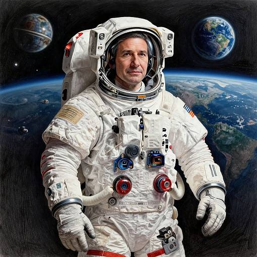 Photorealistic CGI of a smiling middle-aged white man in a bulky white spacesuit with control panels, floating in space with Earth and another planet in