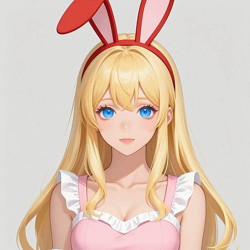Digital anime-style portrait of a blonde girl with blue eyes, wearing red bunny ears and a pink dress with white frills.