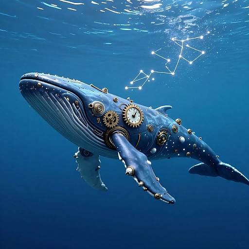Photograph of a blue whale adorned with steampunk gears and gears on its body, swimming in a deep blue ocean with star constellations above