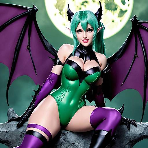 Digital artwork of a seductive green-haired demon woman with bat wings, purple gloves, and stockings, seated on a rock against a full moon.