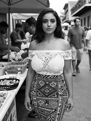Black-and-white photograph of a curvy woman with dark hair, off-shoulder lace top, and patterned skirt, walking through a busy outdoor