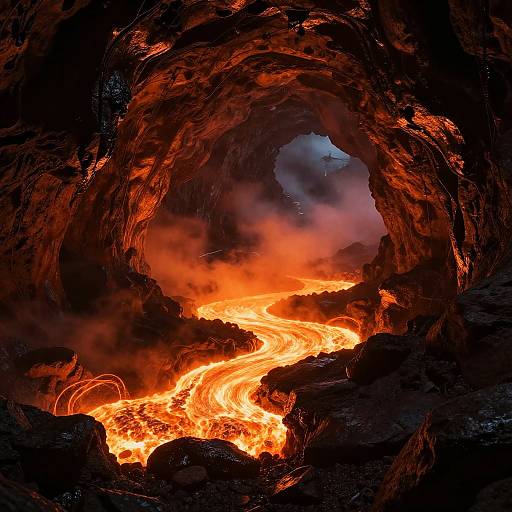 Photograph of a volcanic lava cave with glowing, orange molten lava flowing through a dark, rocky tunnel, emitting intense heat and smoke.