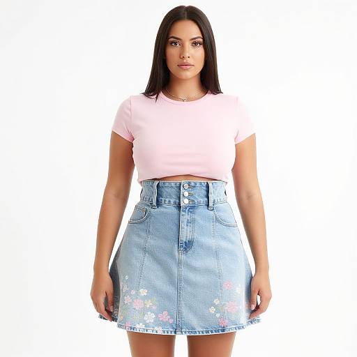 Photograph of a young woman with straight black hair, wearing a pink crop top and light blue floral denim skirt, standing against a white background.