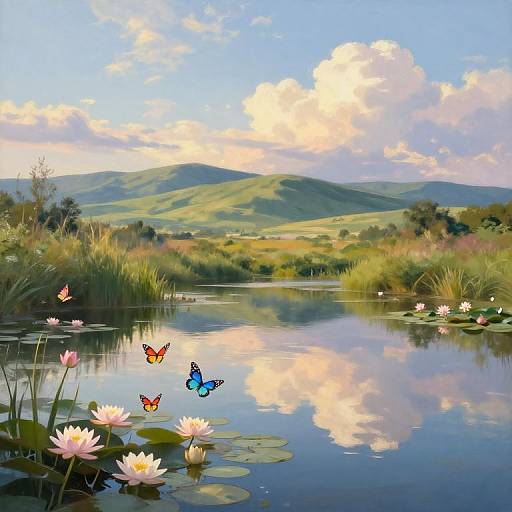 Photograph of a serene lake with pink water lilies, colorful butterflies, and reflections of green hills under a bright blue sky.