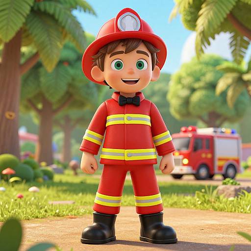CGI image of a happy, cartoon-style young boy in red firefighter uniform and helmet, standing in a sunny forest, with a red fire truck in