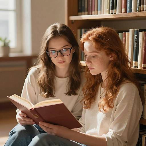 Two Young Women Reading in Cozy Library