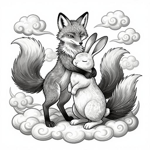 Fox Embracing Rabbit on Cloud