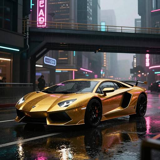 Neon Gold Lamborghini in Cyberpunk Rain