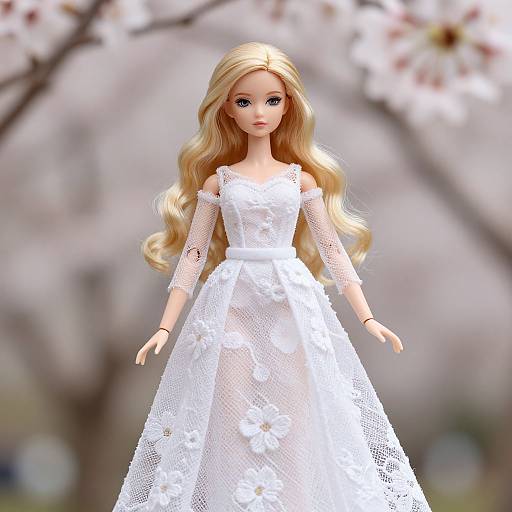 Blonde doll in a white lace wedding dress with floral patterns, standing in front of a blurred cherry blossom background.