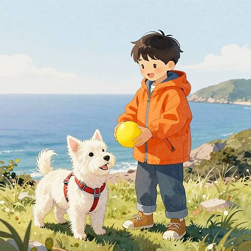 Digital illustration of a young boy in an orange hoodie and brown shoes holding a yellow ball, standing with a white dog on a grassy cliff overlooking a