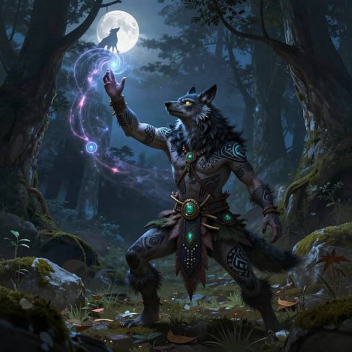 Digital fantasy artwork of a muscular, black-furred werewolf with glowing blue tattoos, casting a magical spell under a full moon in a dark, mystical